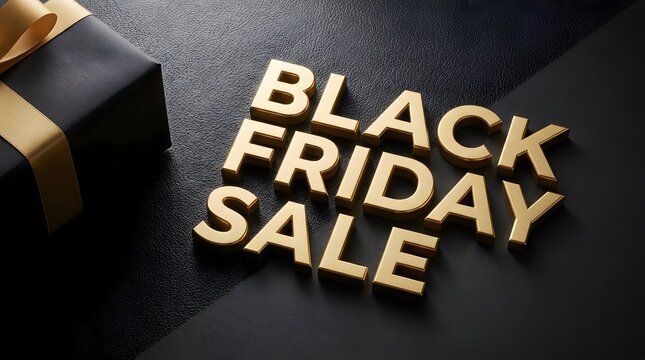 Elegant black friday sale text with gold letters and a gift box on black background