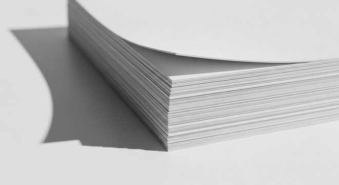 A clean, neatly stacked pile of white paper sheets with a folded corner creating subtle shadows and texture