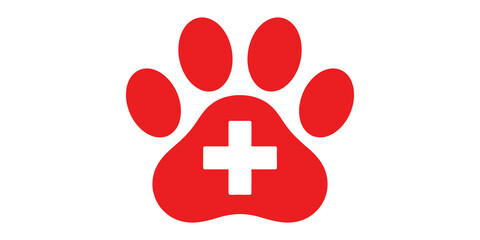 Red paw print with medical cross icon on transparent background for pet veterinary clinic services. © Png World Collection