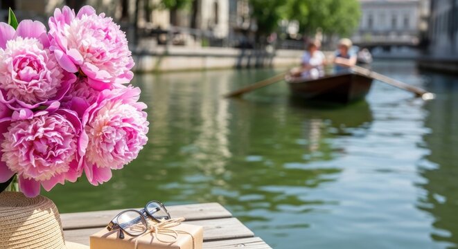 Pink peonies on a dock with sunglasses and a boat in the background