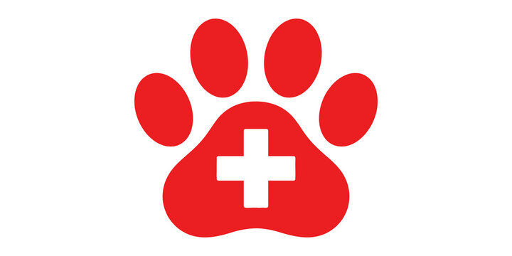 Red paw print with medical cross icon on transparent background for pet veterinary clinic services.