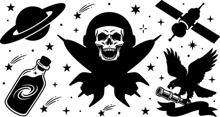 Astronomy Sci-Fi Vector Illustration Set with Astronaut Skull, Spaceship Rockets, Saturn Planet, Satellite, Galaxy Bottle, and Eagle for Flash Tattoo Graphic Designs © Mstsumi