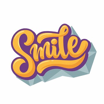 The word Smile written in a stylized bold orange cursive font with a purple outline atop a light blue geometric base