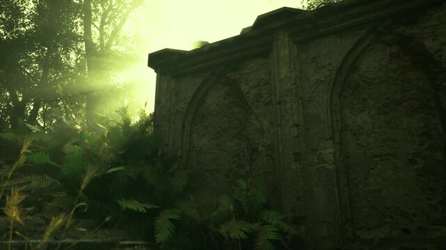 Sunlight streams through the trees, illuminating ancient stone ruins covered in green foliage. Nature reclaims this forgotten place, creating a serene and magical atmosphere.