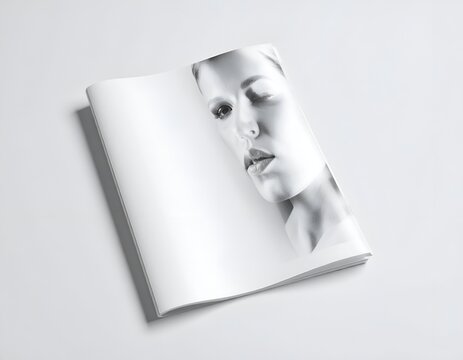 Open Magazine Mockup Featuring a Black and White Portrait of a Beautiful Woman