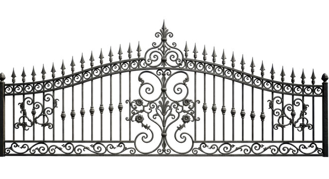 Elegant wrought iron gate with intricate scrollwork design isolated on transparent background