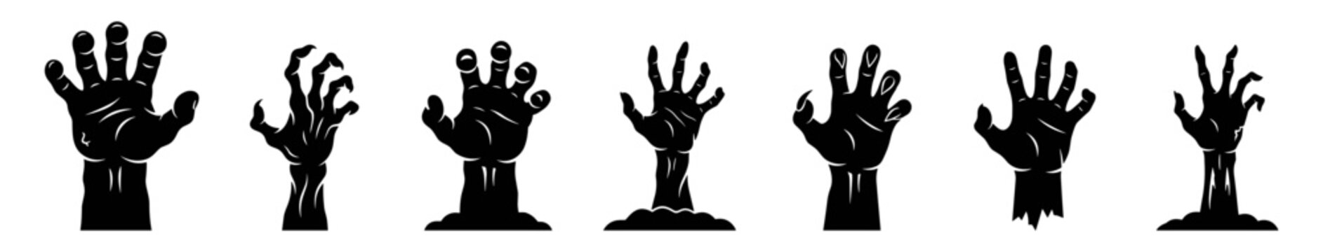 set of zombie hands vector silhouettes on transparent background
