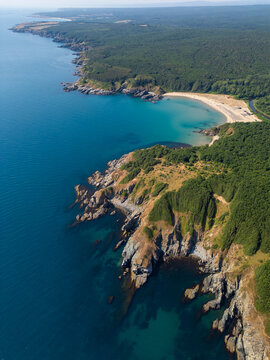 Aerial View of Silistar Beach Bay Surrounded by Forest in Bulgaria