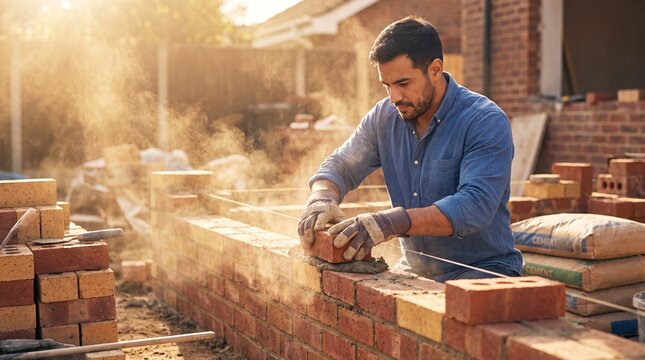 Professional Bricklayer Building Brick Wall for New Home Construction Site at Golden Hour