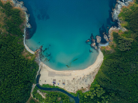 Aerial View of Silistar Beach Bay Surrounded by Forest in Bulgaria