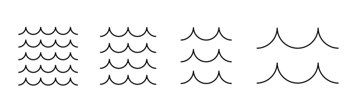 Water wave icon set. Ocean, sea and ripple symbol. Abstract wave pictogram for aquatic, marine, swimming design.