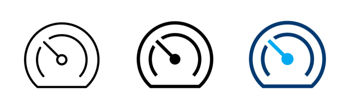 Speedometer icon set. Gauge, performance and dashboard symbol. Meter pictogram for speed, measurement, automotive, performance monitoring and analytics design