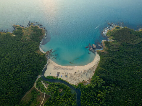 Aerial View of Silistar Beach Bay Surrounded by Forest in Bulgaria