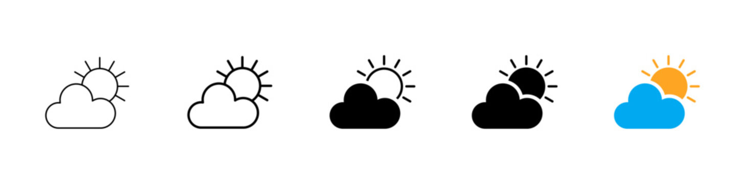 Partly cloudy weather icon set, Sun and cloud forecast symbol