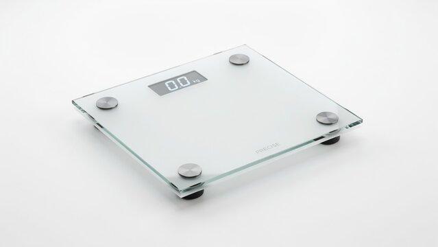Digital bathroom scale on white background. Glass weight scale for health and fitness.