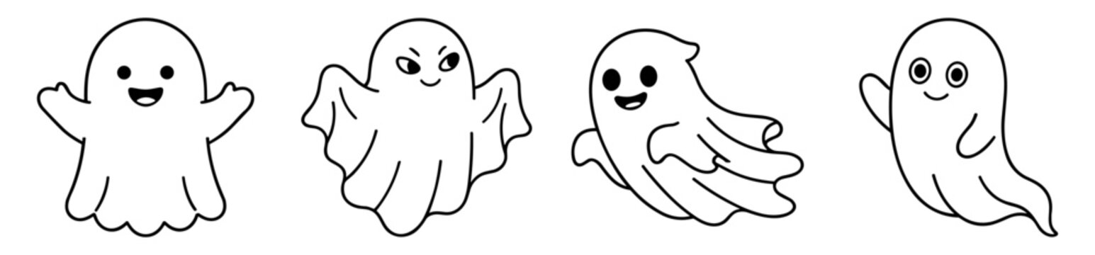 set of four cartoon ghost illustrations line art vector on transparent background