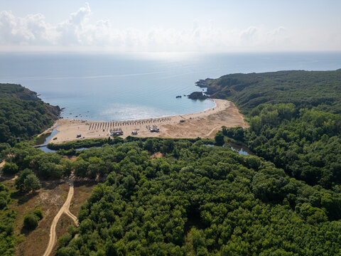 Aerial View of Silistar Beach Bay Surrounded by Forest in Bulgaria