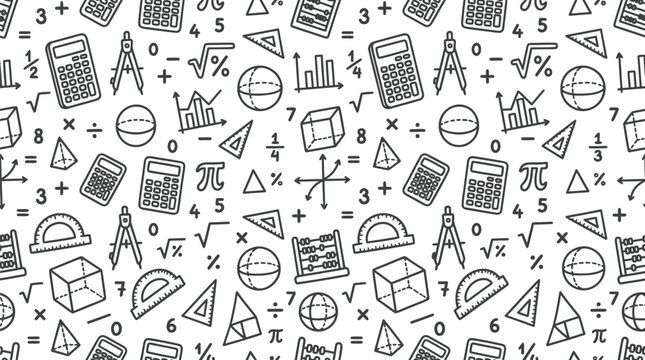 Seamless Advanced Mathematics Doodle Pattern with Cute Geometry Symbols Vector Background
