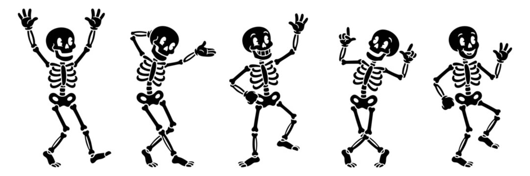 dancing skeleton cartoon vector set in various poses on transparent background