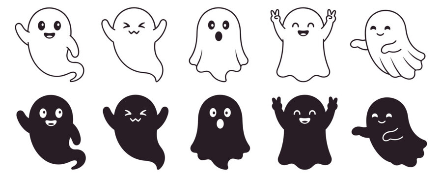 set of cute ghost icons with different expressions and poses vector illustration on transparent background