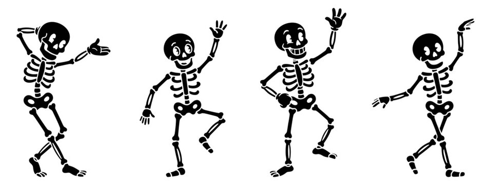 cartoon skeletons dancing in various poses isolated on transparent background