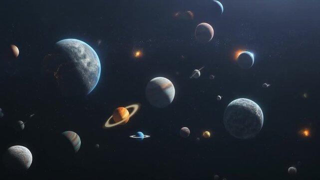Celestial bodies drifting through deep space with distant nebulae and glowing asteroids