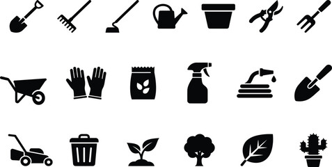 Gardening Tools and Plants Silhouette Icons Set on White Background © DESIGN SHOP