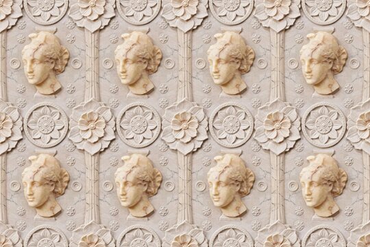 Seamless architectural texture featuring repeating carved stone heads of classical statues and circular floral rosettes on a beige wall surface