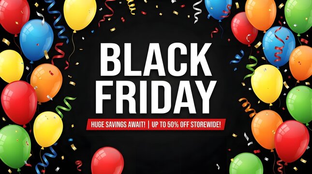 Festive black friday sale background with colorful balloons and confetti for retail shopping event promotion