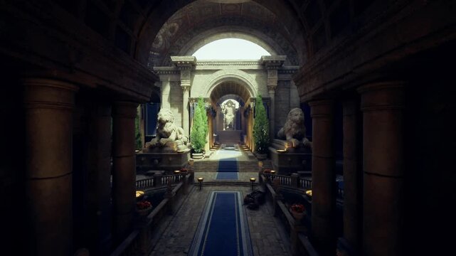 Grand rotunda leading to sunlit arch and garden beyond. Wide perspective showcases lion sculptures, staircases and layered arches, cinematic depth for editorial