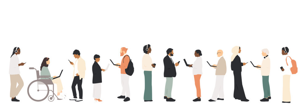 Different people with phones and laptops. Modern design.