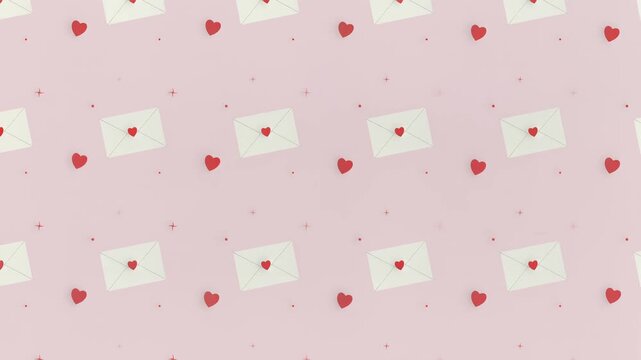 Romantic love letters with red hearts floating on pink background, seamless loop, symbolizing affection, romance, and Valentine's Day celebration