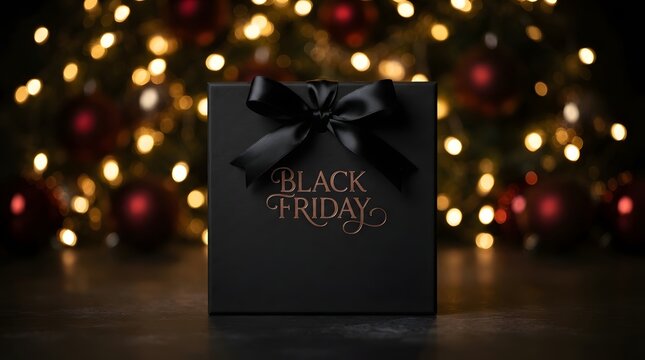 Elegant black friday gift box with a silk ribbon against a festive bokeh light background