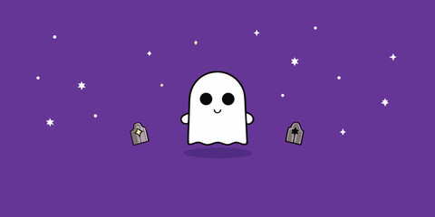Naklejka premium Cute cartoon ghost floating with gravestones and stars on purple background.