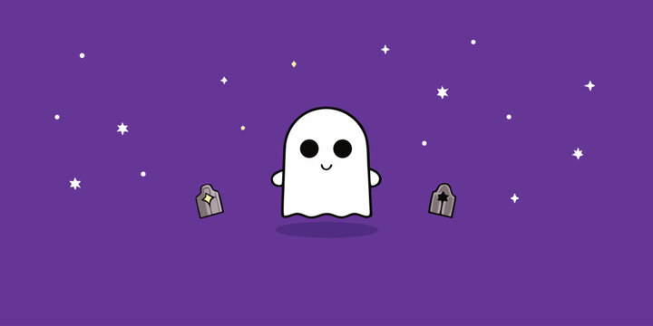 Cute cartoon ghost floating with gravestones and stars on purple background.