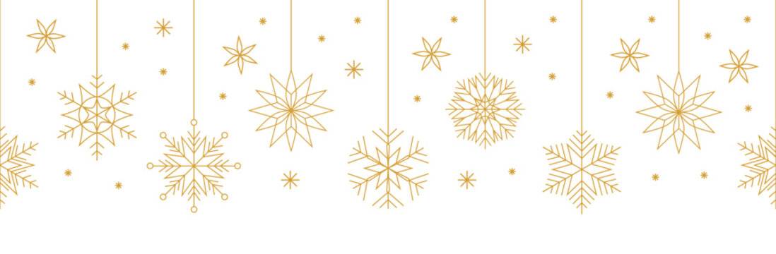 Vector christmas decorative border with handing gold colored geometric snowflakes and stars in seamless pattern