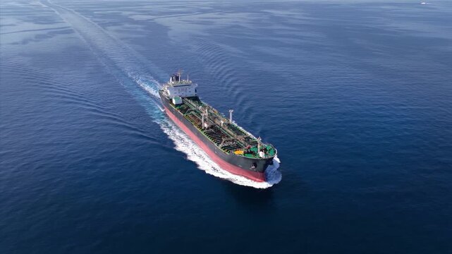 Aerial view of a large tanker for crude oil or chemical goods traveling fast over the calm ocean