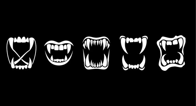 vector set of animal and monster mouths with fangs and teeth collection on transparent background
