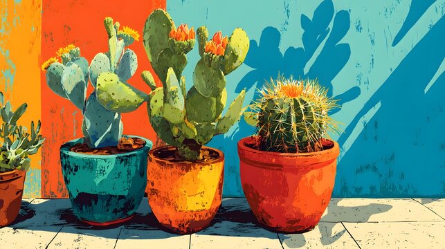 Potted blooming cacti with shadows against colourful blue and orange wall in vibrant mexican pop art style.