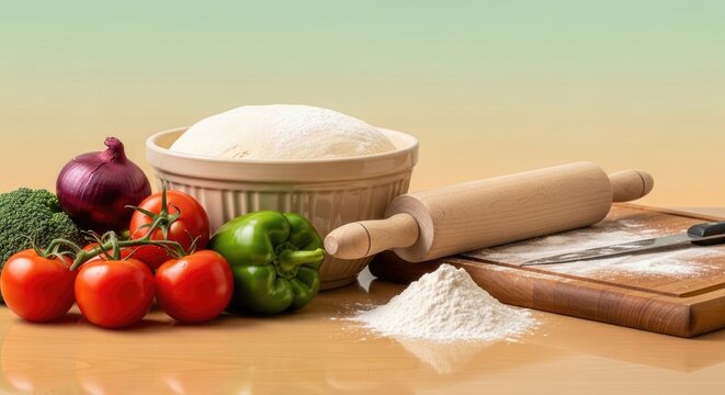 Baking ingredients including flour, tomatoes, onions, bell pepper, rolling pin, and kitchen utensils arranged on a wooden table for homemade cooking preparation