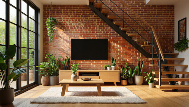 Cozy living room with brick wall and wooden staircase interior television furniture