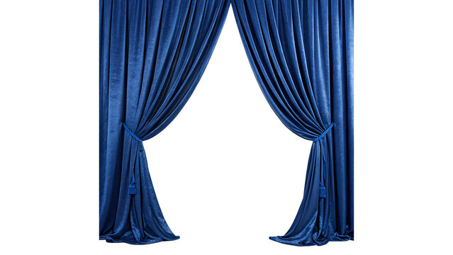 Elegant luxury blue velvet interior window curtains isolated on transparent background