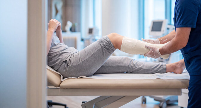 Orthopedic doctor applying a fresh white plaster cast to a patient's injured leg after a fracture in a modern orthopedic clinic. Professional cast application, trauma care.
