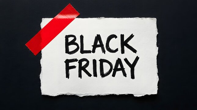 A handwritten black friday sign on a torn white paper against a dark black background