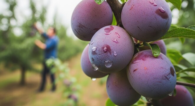 Plum harvesting in orchard with farmer in background