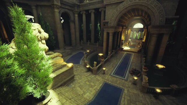 glowing central promenade with tall cypress and blue runners, balanced columns and luminous shafts of sun, conservator mapping details for preservation plan