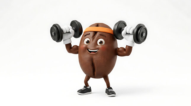 Funny coffee bean character flexing with dumbbells, showing strength and healthy lifestyle