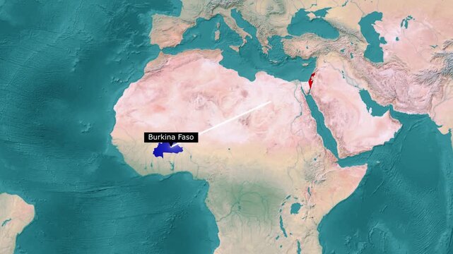 Flight Path Line Connecting Burkina Faso to Israel on World Map