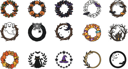 Naklejka premium Halloween floral wreath vector collection with spooky holiday elements