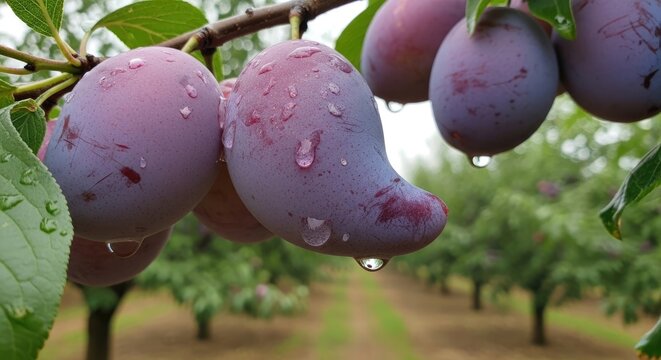 Fresh purple plums hanging on a tree branch with raindrops in a lush orchard, showcasing ripe organic fruit ready for harvest after rainfall